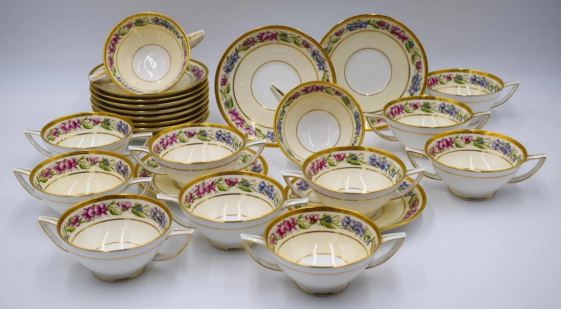 12 Fine Mintons England Cream Soups or Dessert Compotes, C1920, Painted Flowers (1 of 15)