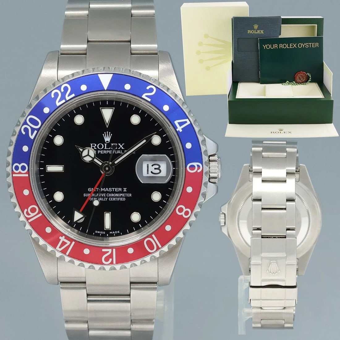 2005 MINT Rolex GMT-Master II Pepsi 40mm Steel 16710 NO HOLES Black Watch Box: BrandRolex (Guaranteed Authentic)ModelGMT-Master II 'Pepsi'Reference Number16710 Serial NumberFGenderMen'sMetalStainless SteelCase Size40.00mmWrist SizeThis watch will currently comfortably fit the av