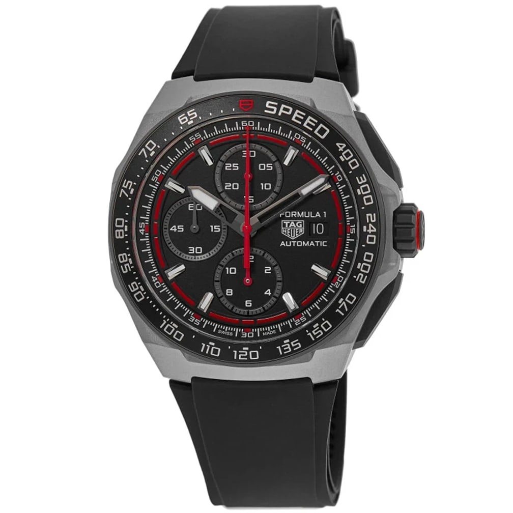 New Tag Heuer Formula 1 Automatic Chronograph Black Men's Watch CBZ2082.FT8096: BandBand MaterialRubberBand ColorBlackBand DescriptionBlack Rubber StrapBand TypeStrapClasp TypeTangClasp DescriptionBrushed and Polished Stainless Steel. CaseCase MaterialTitaniumCase DescriptionBrus