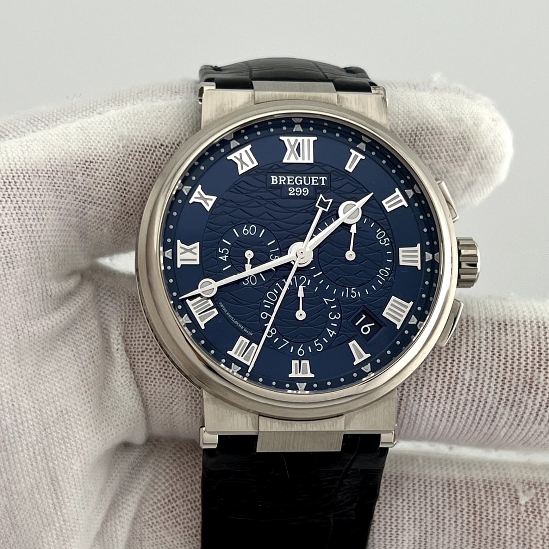 Breguet Marine Chronograph 5527 42mm Blue Wave Dial 18k White Gold Leather Strap (1 of 10)