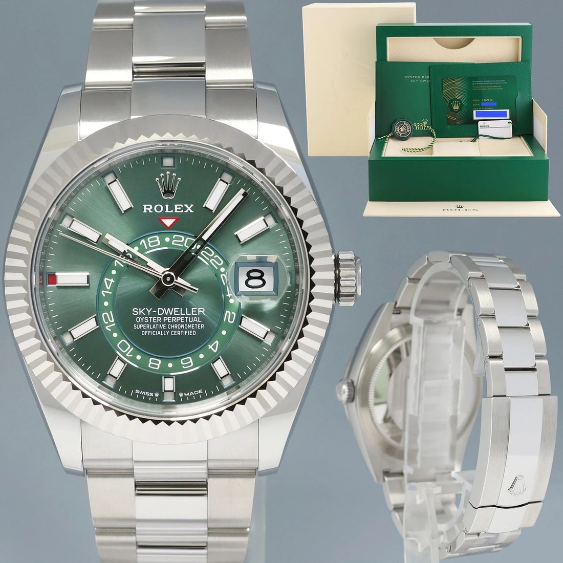 2023 NEW PAPERS Rolex Sky-Dweller Steel Green Oyster Fluted 42mm 336934 Watch: BrandRolex (Guaranteed Authentic)Model Sky-DwellerReference Number336934Serial NumberRandom Serial GenderMen'sMetalStainless SteelCase Size42.00mmWrist SizeThis watch will currently comfortably fit th