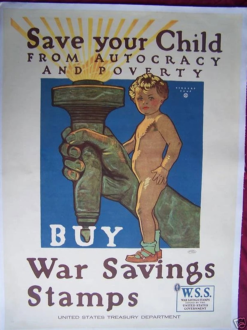 "Save Your Child" Original Herbert Paus, World War One (WW1) Poster, Buy Stamps (1 of 4)