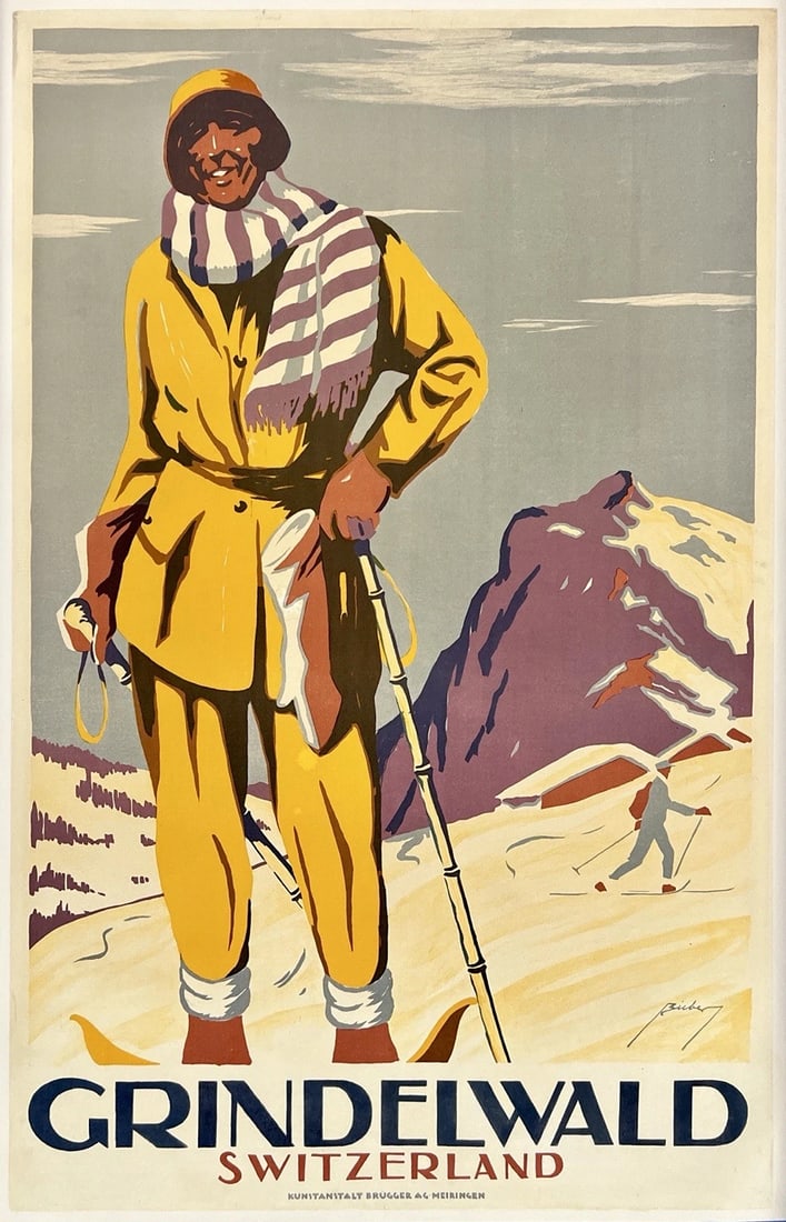 Original Vintage Poster GRINDELWALD SWITZERLAND Swiss Travel Tourism LINEN (1 of 5)