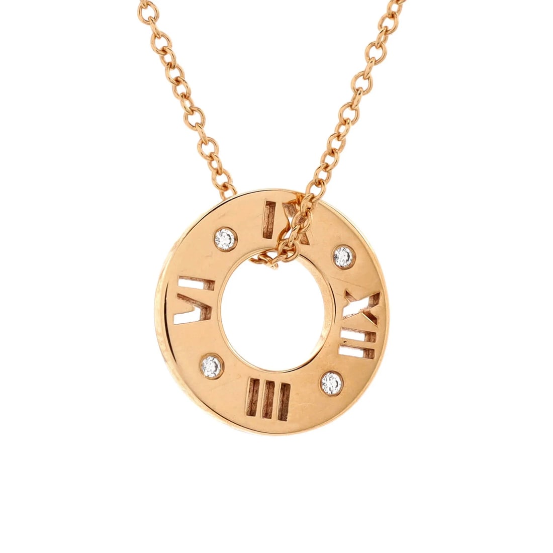 Tiffany & Co. Atlas Pierced Circle Pendant Necklace 18K Rose Gold with Diamonds: Condition: Pre-owned - Good,Brand: Tiffany & Co.,Main Stone: Diamond,Metal: 18K Rose Gold,Metal Purity: 18K,Style: Pendant,Type: Necklace,Color: Rose Gold,Material: 18K Rose Gold, DiamondCondition: Gr