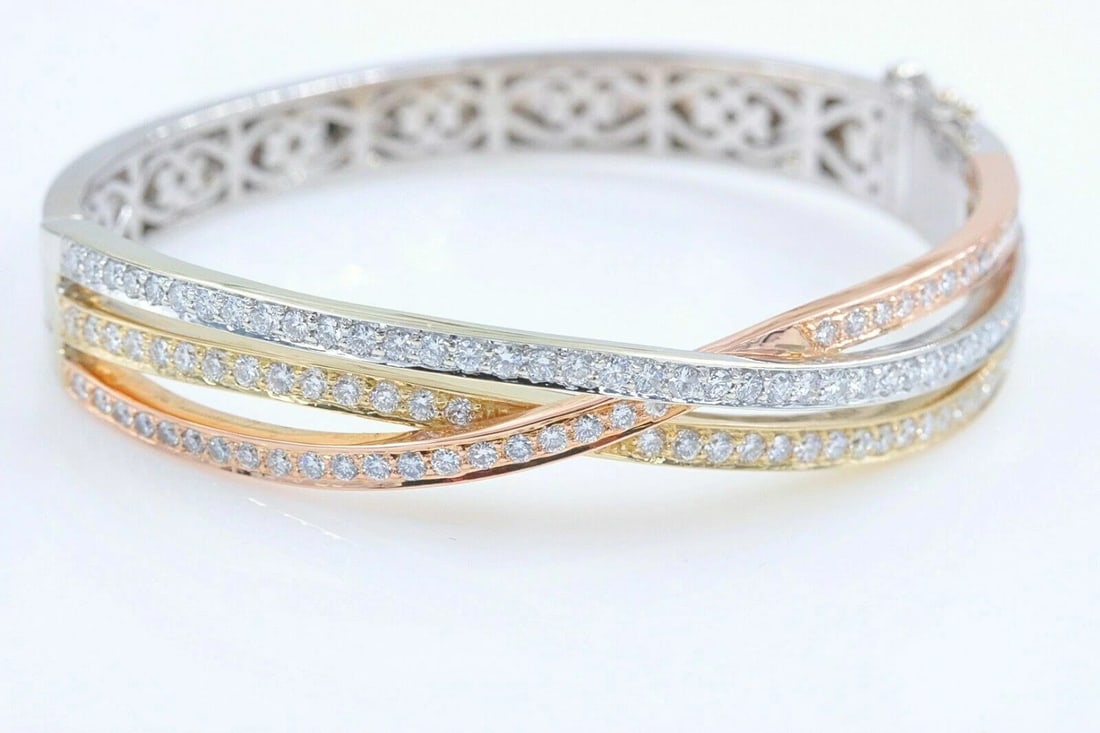 Tri-Color Round Diamond Bangle Bracelet 14k White Yellow Rose Gold 2.00 tcw (1 of 11)