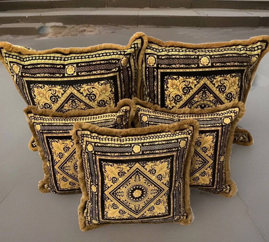 Set Of 4 Custom Made Carre Versace Black Gold Velvet Greek Key With Gold Fringe: Condition: Pre-owned: An item that has been used or worn previously. See the seller’s listing for full details and description of any imperfections. ,Brand: Versace,Type: Decorative