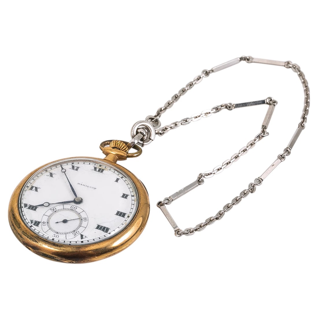 Hamilton Gold Filled White Dial Pocket Watch Gold Filled Chain 13" 70.2 Grams (1 of 2)
