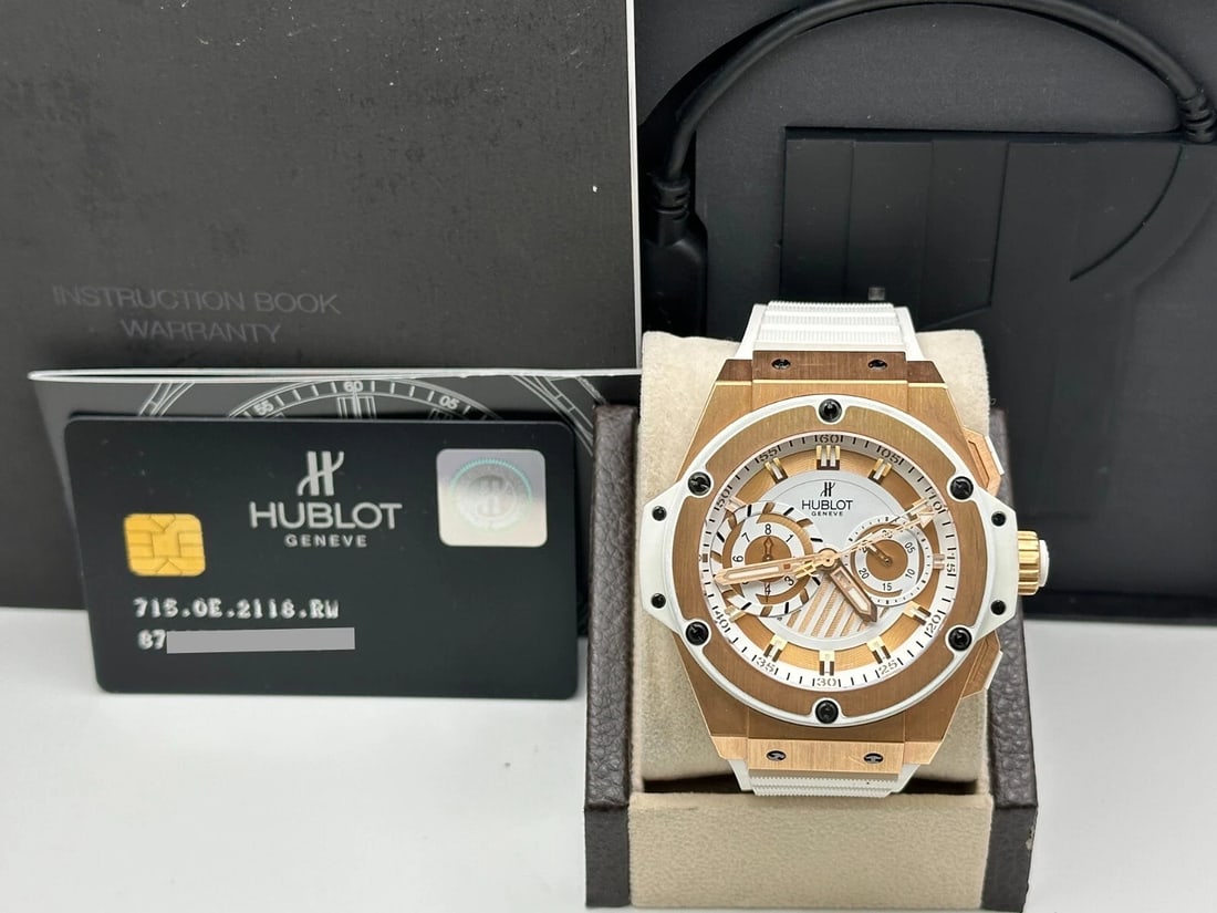 Hublot Big Bang King Power Foudroyante 715.OE.2118.RW 18K Rose Gold Box Paper: Condition: Pre-owned - Good,Country of Origin: Switzerland,Bezel Color: Rose, White,Movement: Mechanical (Automatic),Seller Warranty: Yes,Year Manufactured: 2010-2019,With Papers: Yes,Reference Number