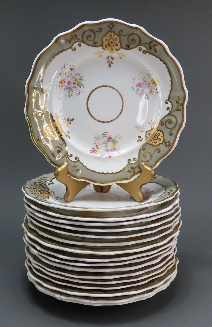 Fine set 17 English Staffordshire Davenport Sage Green Floral Gilt 9.5" Plates: Condition: Used: An item that has been used previously. The item may have some signs of cosmetic wear, but is fully operational and functions as intended. This item may be a floor model or store retur