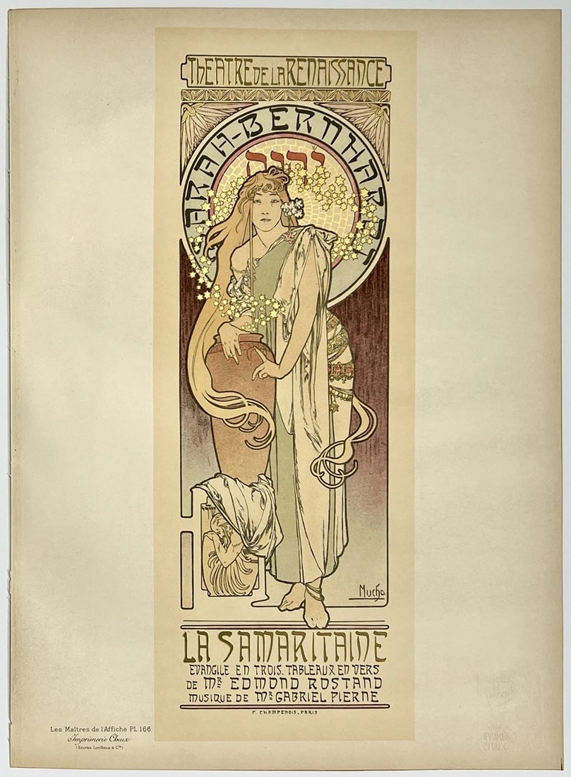 Original Vintage Poster LA SAMARITAINE Maitres De L'Affiche Pl 166 MUCHA: Dimensions: 11.4 x 15.7 in. / 29 x 40 cm.; Circa 1899Original Vintage "LA SAMARITAINE - SARAH BERNHARDT" poster illustrated by ALPHONSE MUCHA printed circa 1899. This poster is Plate 166 of the
