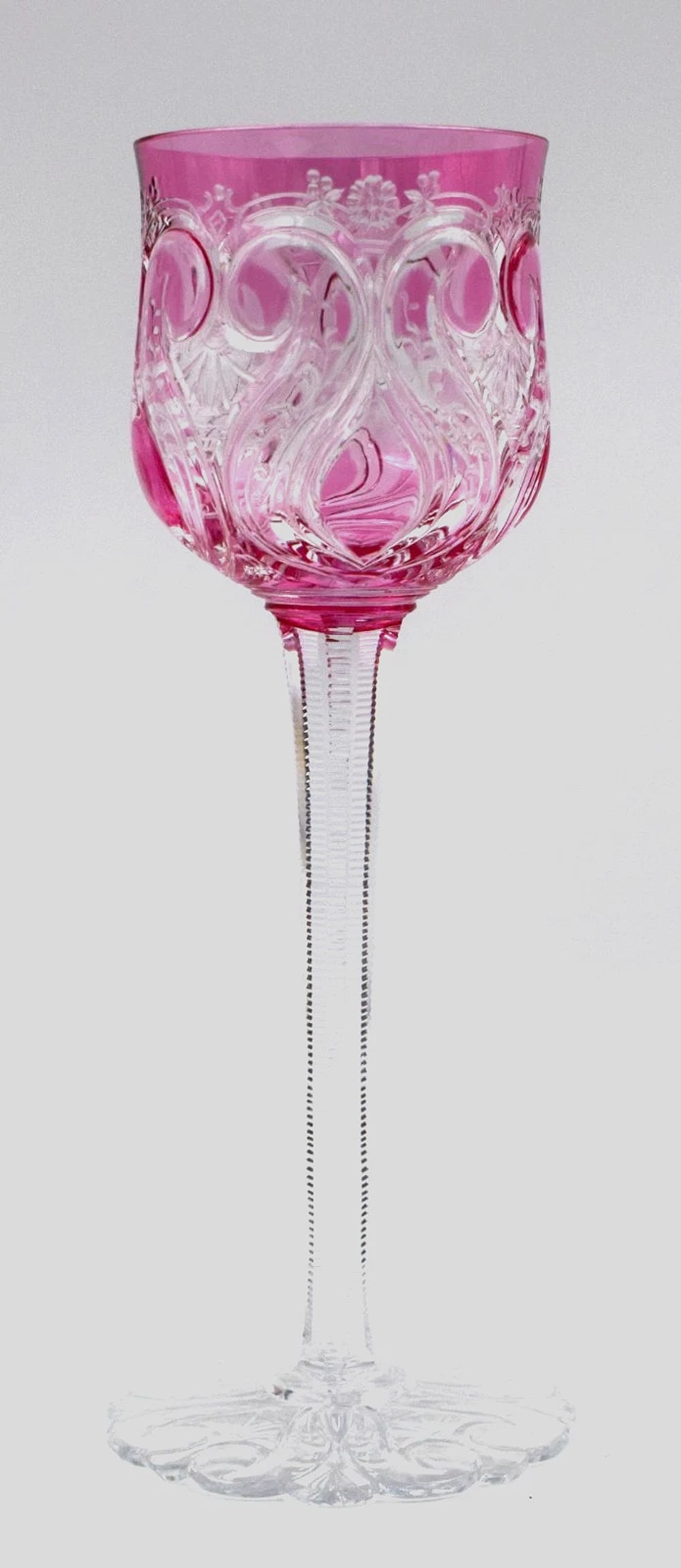Rare Baccarat Cranberry/Pink Cut to Clear Hock Wine Glass, Shaped Foot, C.1915: Condition: Used,Brand: Baccarat,Type: Wine Glass,Care Instructions: Hand Wash Only,Color: Cranberry & Pink,Year Manufactured: 1915,Production Style: Cut Glass