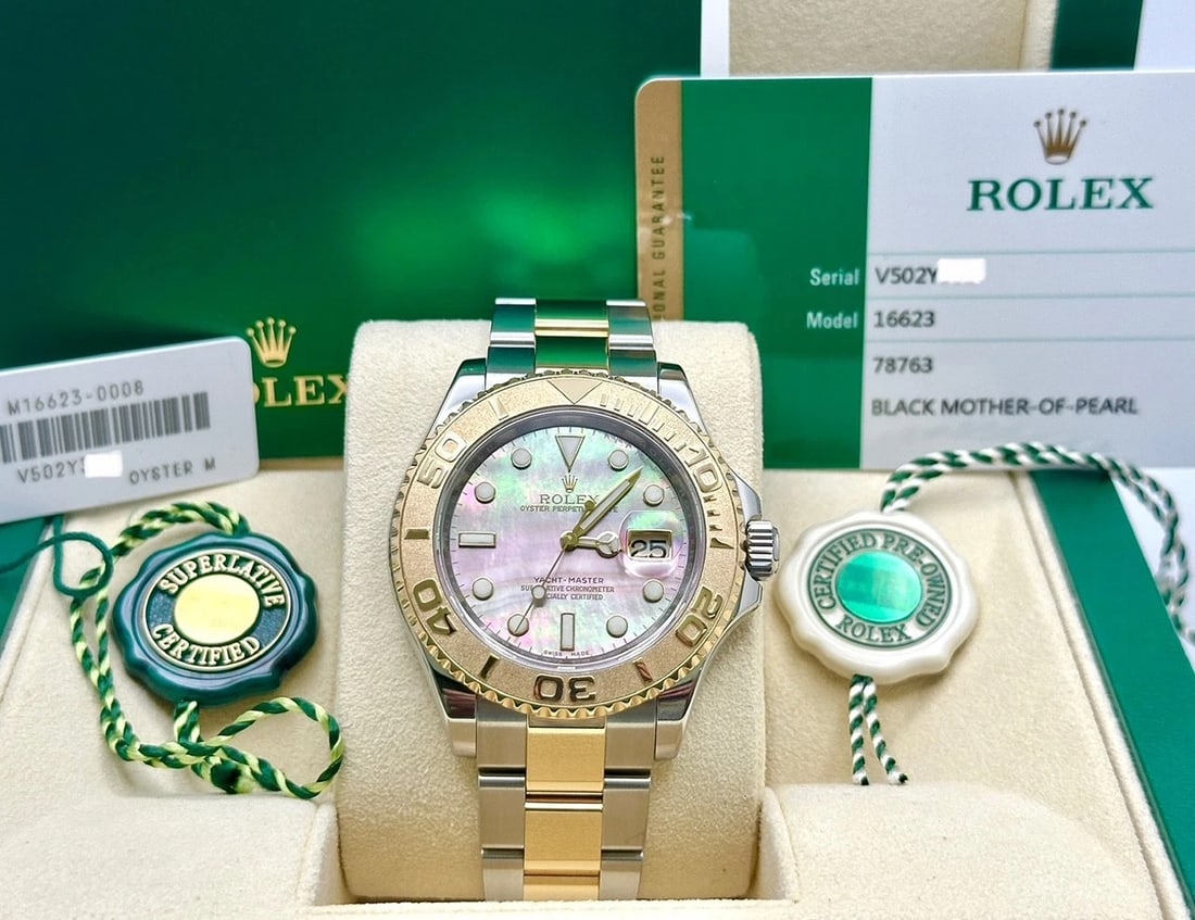 Rolex Yacht Master 16623 Black MOP Dial 18K Yellow Gold Steel Box Papers 2016: Condition: Pre-owned - Good,Country of Origin: Switzerland,Bezel Color: Gold, Yellow,Dial Pattern: Mother of Pearl,Year Manufactured: 2010-2019,Band/Strap: Rolex Oyster,Case Color: Silver,Department: