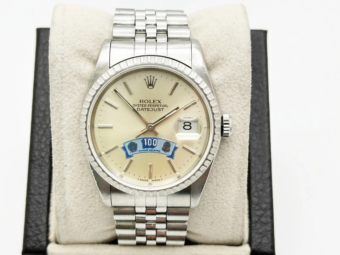 RARE Rolex Datejust 16220 100 CLUB OF HOUSTON Dial 36mm Stainless Steel: Condition: Pre-owned - Good,Country of Origin: Switzerland,Bezel Color: Silver,Movement: Mechanical (Automatic),Seller Warranty: Yes,Year Manufactured: 1990-1999,Band/Strap: Rolex Jubilee,Reference