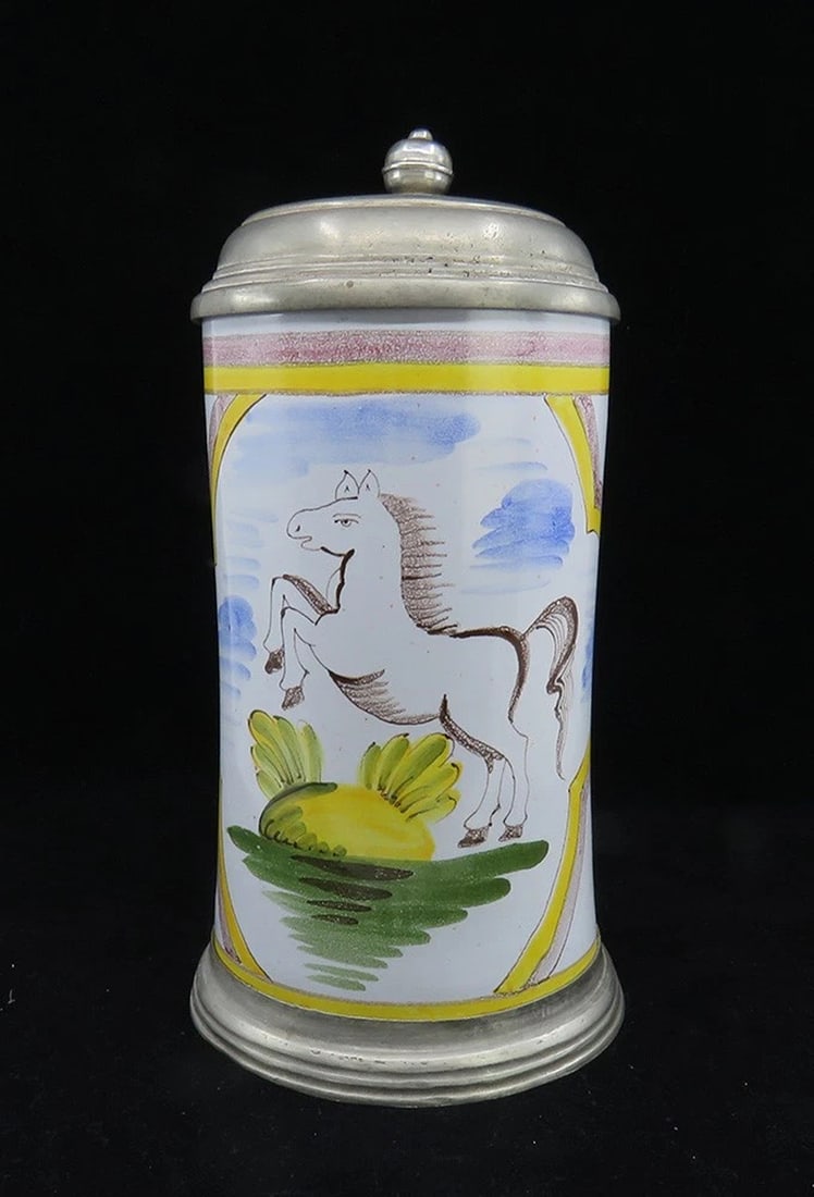 Charming mid 1800s German Faience Beer Stein 1L Rearing Horse Scene Pewter Lid: Condition: Used: An item that has been used previously. See the seller’s listing for full details and description of any imperfections. ,Brand: N/A,Country/Region: Germany,Theme: Breweriana, Beer,Co