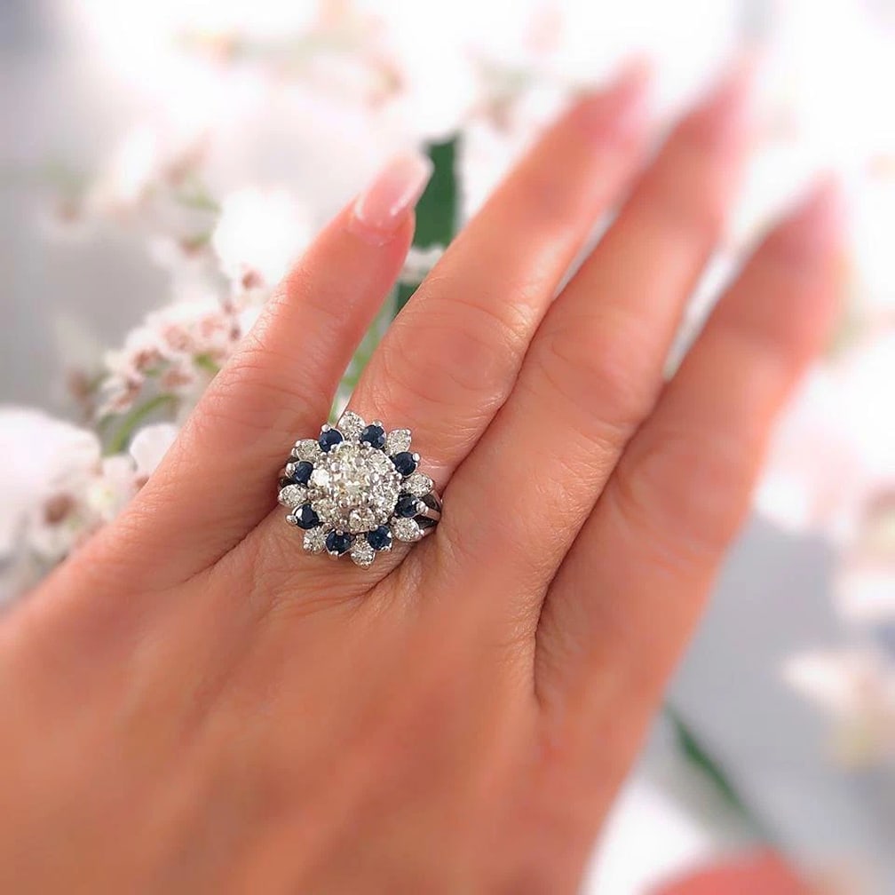 Round Brilliant Diamond & Sapphire Princess Style Flower Cocktail Ring 14kt WG (1 of 12)