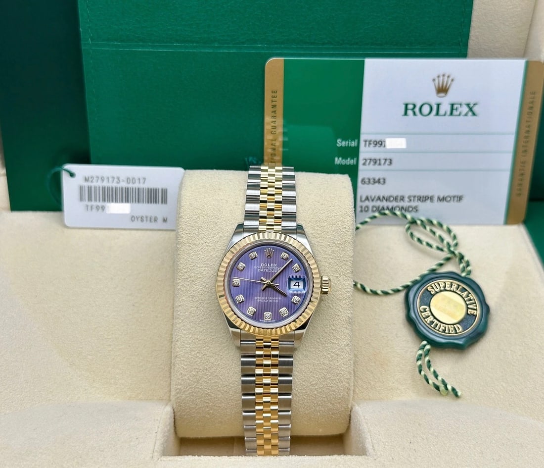 Rolex Ladies Datejust 279173 Lavender Purple Diamond Dial 18K Gold Steel 28mm (1 of 8)