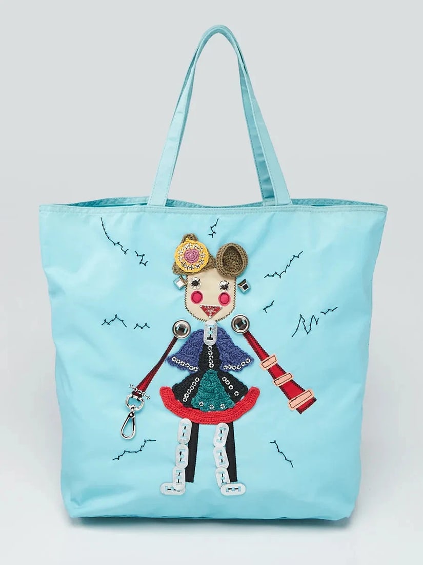 Prada Light Blue Nylon Robot Medium Tote Bag BR2897: Condition: Pre-owned - Good,Brand: Prada,Exterior Material: Nylon,Style: Everyday Bags,Totes,Exterior Color: Blue,Department: Women,Country of Origin: Italy