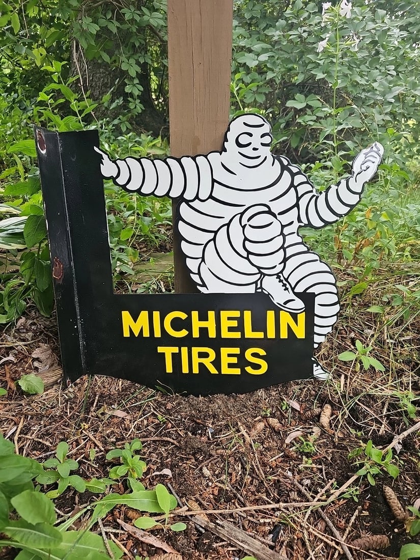 RARE~ Michelin Tires Vintage Porcelain Enamel Flange Gas Sign~(20" x 18.5") (1 of 11)