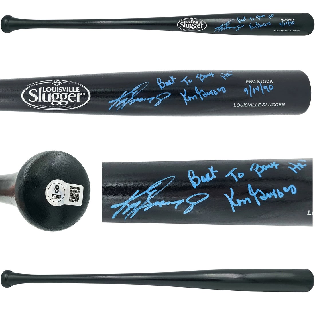 Ken Griffey Jr. & Sr Auto Black L Slugger Pro Stock Bat Mariners Back To Back HR: Player: Ken Griffey Jr.,Team: Seattle Mariners,Sport: Baseball-MLB,Product: Bat,Signed: Yes,Autograph Authentication: Beckett Authentication Services (BAS),Original/Reprint: Original,Country of Origin
