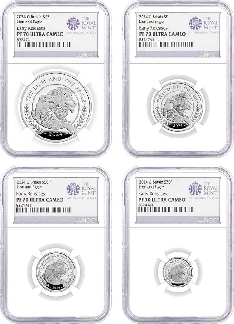 2024 G. Britain Silver Lion and Eagle 4 Coin Fractional Set NGC PF70 UCAM ER: Country of Origin: United Kingdom,Coin: Mercanti's Lion and Eagle,Composition: Silver,Year: 2024,Pedigree: Early Releases,Fineness: 0.999,Strike Type: Proof,Grade: PF70 UCAM,Precious Metal Content per