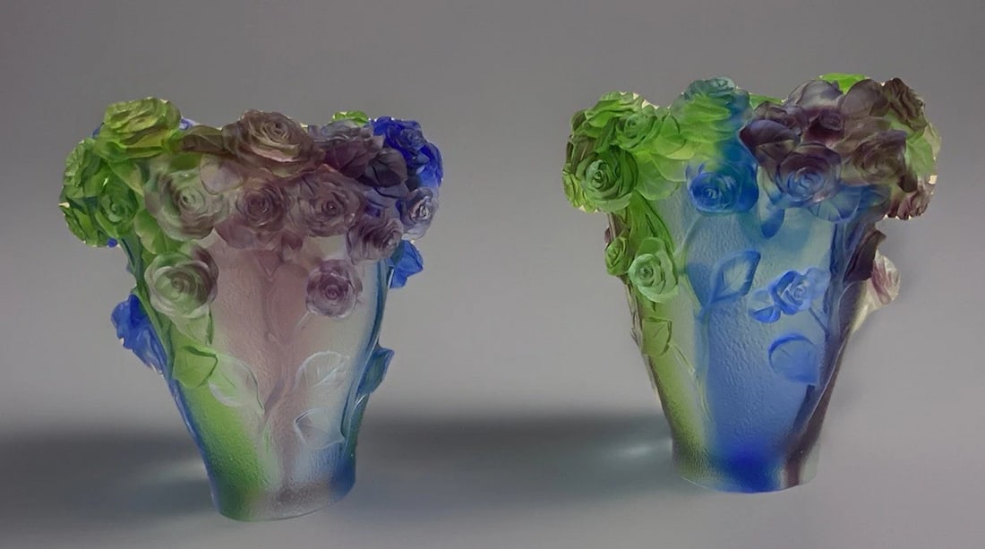 Pair Of 2 Nancy Daum Style Multi Color Rose Vases H8??W7?? Heavy Art Glass Unique (1 of 16)