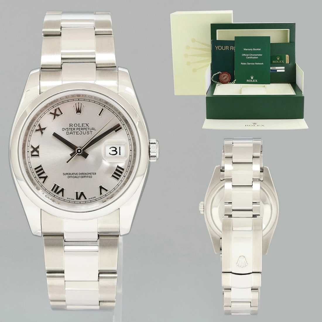 MINT 2010 PAPERS Rolex DateJust 36 116200 Rhodium Roman Oyster Steel 36mm Watch: Brand Rolex (Guaranteed Authentic)ModelDateJustReference Number116200Serial NumberMMetalStainless SteelCase Size36.00mmWrist SizeThis watch will currently comfortably fit a wrist up to 7.50 inches. Mo