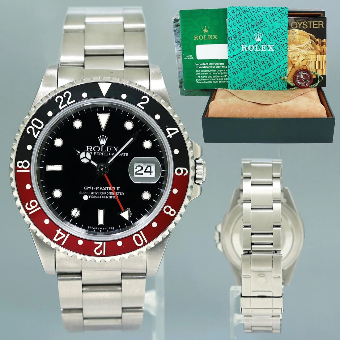 1993 MINT Rolex Coke 16710 GMT-Master II Tritium Red Black Steel 40mm Watch Box: BrandRolex (Guaranteed Authentic)ModelGMT-Master II "Coke"Reference Number16710 Serial NumberSGenderMen'sMetalStainless SteelCase Size40.00mmWrist SizeThis watch will currently comfortably fit the ave