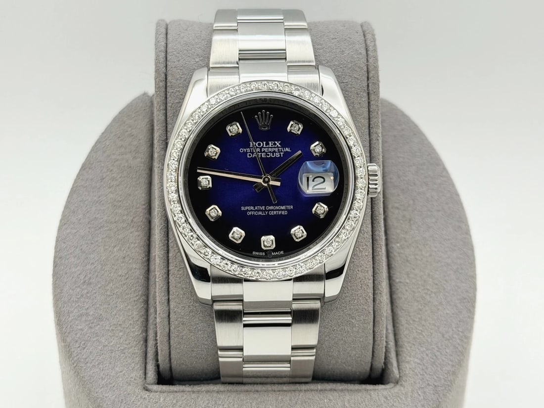 Rolex Datejust 116200 36mm Blue Vignette Diamond Dial Diamond Bezel Steel: Style Number: 116200Serial: 28N2****Year: 2010-2019 Model: Rolex DatejustCase Material: Stainless SteelBand: Stainless SteelBezel: Custom Diamond BezelDial: Custom Blue Vignette Diamond DialCrystal: S