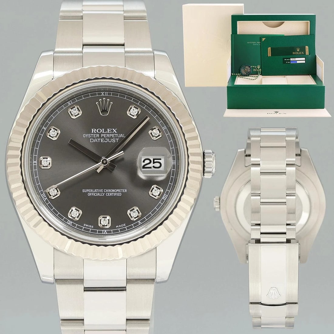 MINT Rolex Datejust 2 41mm Rhodium Diamond 116334 White Gold Fluted Watch Box: Condition: Pre-owned - Excellent,Brand: Rolex,Department: Men,Type: Wristwatch,Country of Origin: SwitzerlandBrandRolex (Guaranteed Authentic)ModelDateJust IIReference Number116334Serial NumberGGender