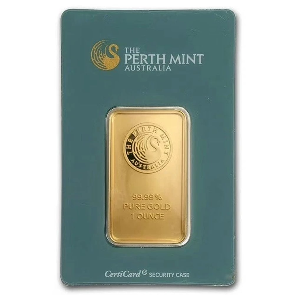 1 oz Gold Bar - The Perth Mint - .9999 Fine Gold - Sealed in Assay (Green): Composition: Gold,Shape: Bar,Similar Brands: PAMP Veriscan, Argor Heraeus, Valcambi, Scottsdale, Credit Suisse,Fineness: 0.9999,Precious Metal Content per Unit: 1 oz,Brand/Mint: The Perth Mint,Brand: