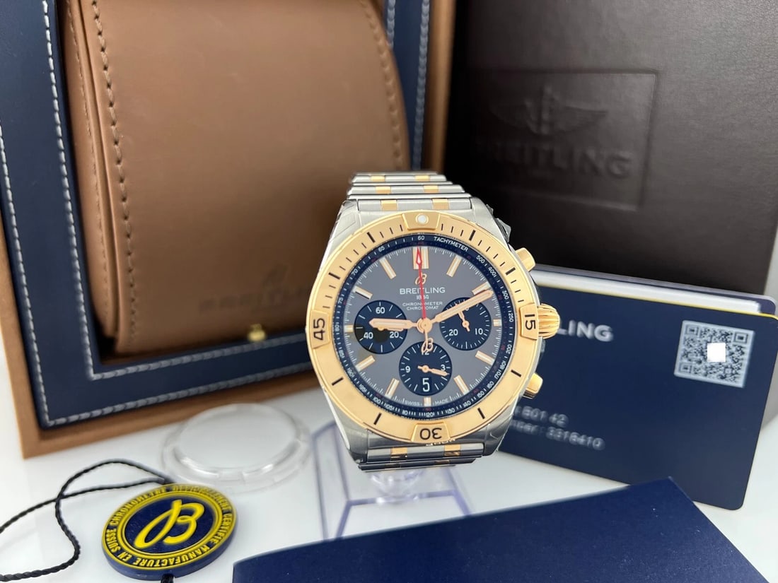 Breitling Chronomat UB0134 42 Anthracite Dial Stainless 18K Rose Gold Box Papers: Condition: Pre-owned - Good,Country of Origin: Switzerland,Bezel Color: Rose,Year Manufactured: 2020-Now,Band/Strap: Bracelet,Case Color: Silver,Department: Men,Caseback: Exhibition,Watch Shape: