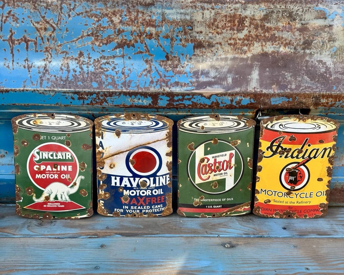 Four Vintage Porcelain Sign Set - Motor Oil Can Porcelain Advertisement Sign: Condition: Used: An item that has been used previously. ,Length in inches: 7.5,Color: Multi-color,Material: Heavy Gauge Steel, Porcelain on front and Back,Brand: Sinclair, Havoline, Castrol, Indian,Ro