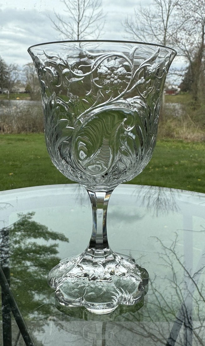 Rare Heavy Rock Crystal Webb Cut Glass Wine with Monogram: This is a rare small wine glass made of heavy rock crystal cut glass by Webb. It features a monogram design and is crafted from clear glass or crystal.4.5 inches tall2.5 inches across bowl
