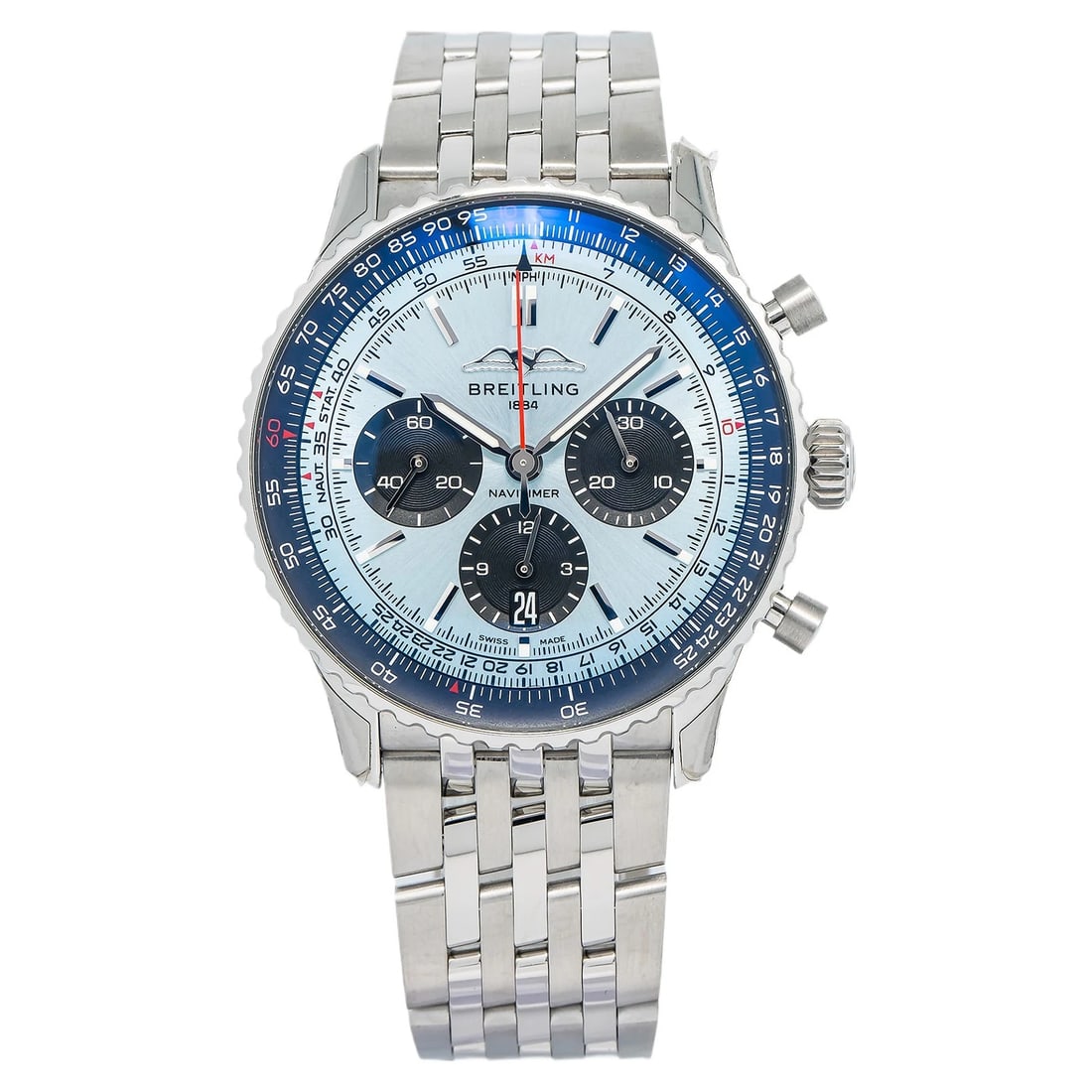 Breitling Navitimer AB0138 Chronograph SS Ice Blue Dial Automatic Watch 43mm: Condition: Pre-owned - Good: This item has been gently used but is in good condition. It might have a few signs of wear, like light scratches or tarnishing.,Brand: Breitling,Type: