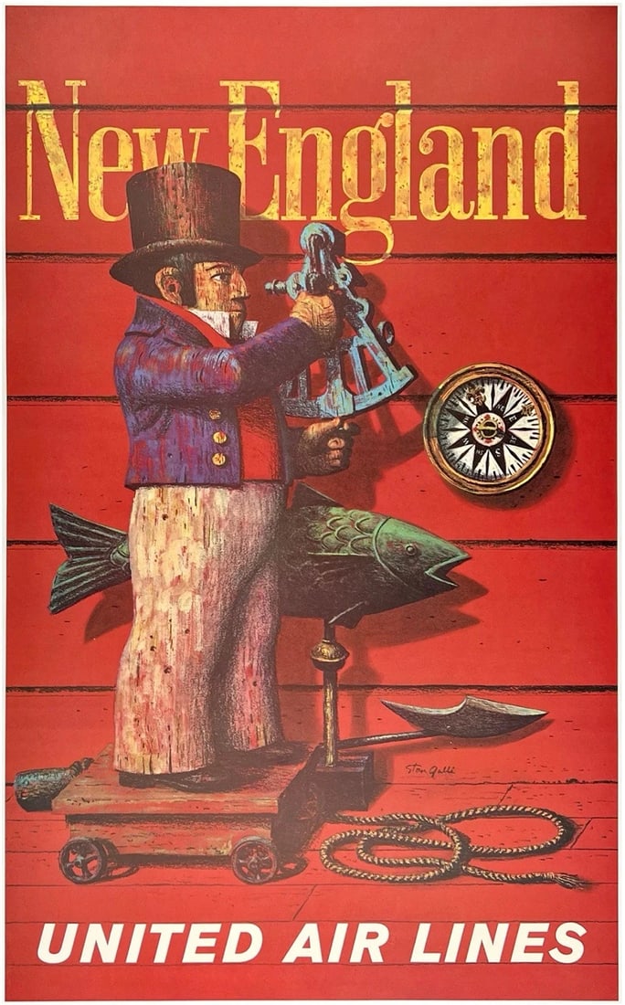 Original Vintage Poster UNITED AIR LINES NEW ENGLAND Airline UAL Travel LINEN: Dimensions: 24.9 x 40.4 in. / 63.3 x 102.5 cm.; Circa: 1960sOriginal vintage "NEW ENGLAND - UNITED AIR LINES" poster, plate signed by its artist, STAN GALLI, and printed circa 1960s.
