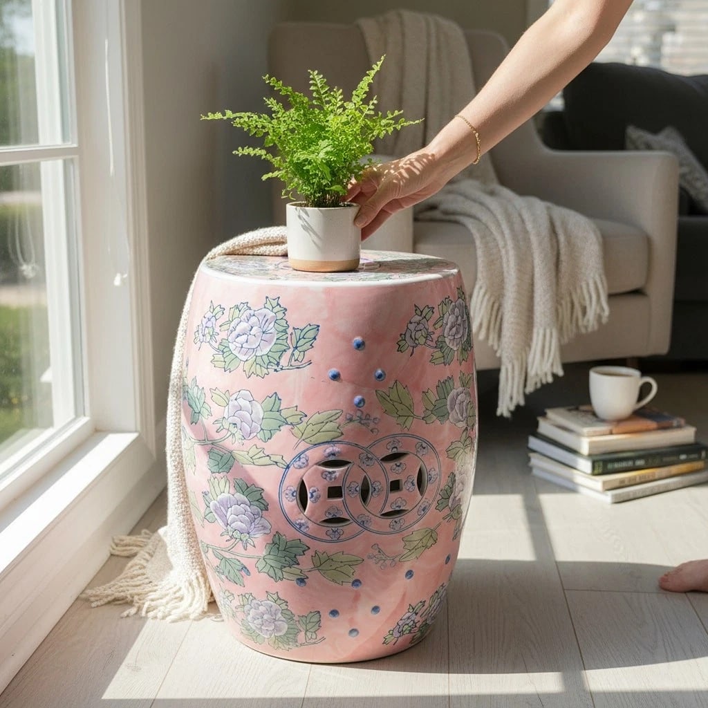 Vintage Pink Chinoiserie Porcelain Garden Stool Floral Coin Motif Side Table: Dimensions: Approx. 18.5” H x 12.75” W. Condition: Used: An item that has been used previously. The item may have some signs of cosmetic wear, but is fully operational and functions as int