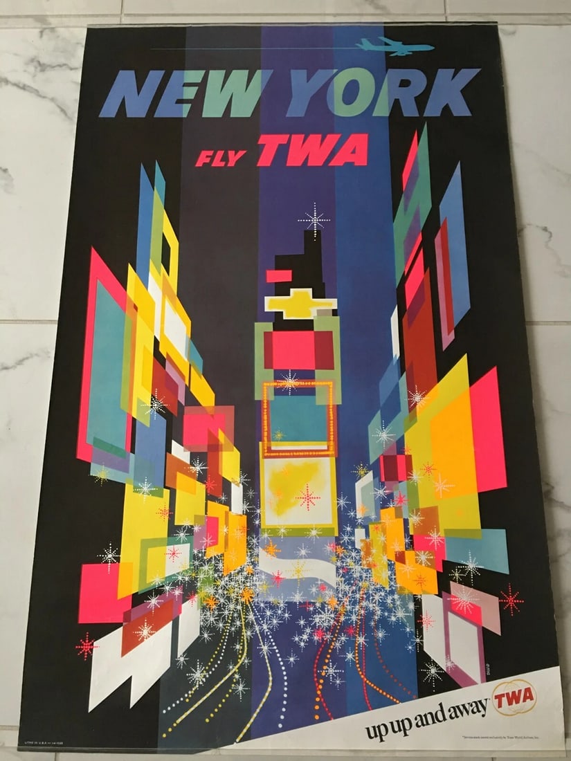Original 60's FLY-TWA NEW YORK CITY'S Times Square Travel Poster - DAVID KLEIN (1 of 10)