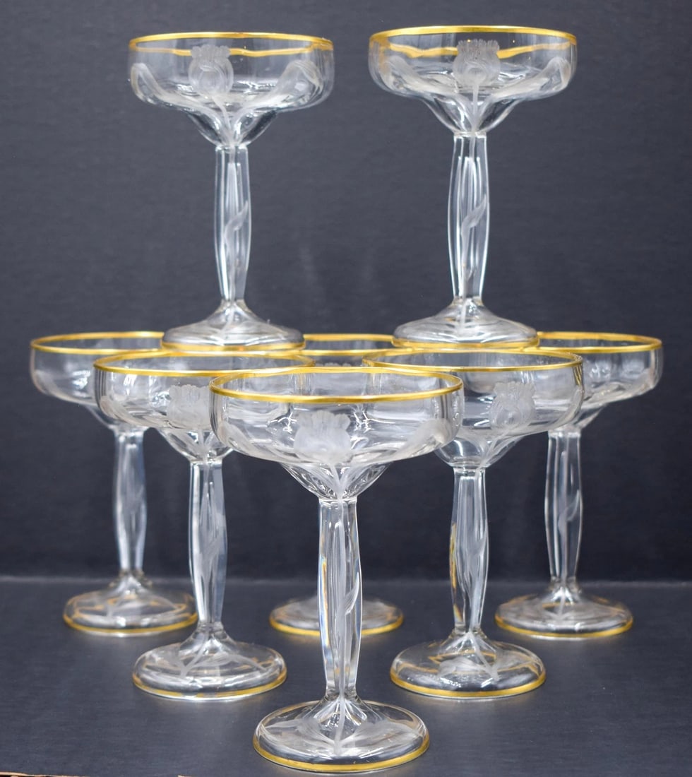 8 Moser Hand Blown & Engraved Saucer Champagne Coupes, Tulips (1 of 8)