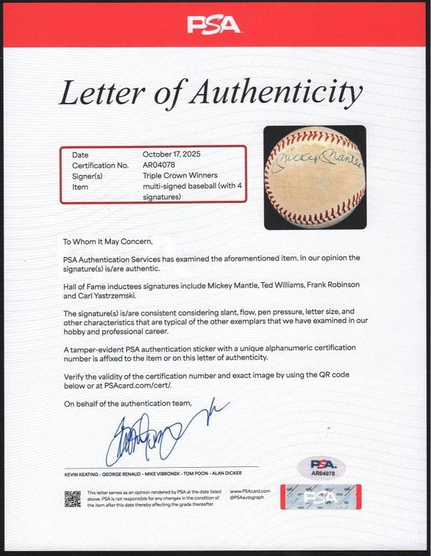 Mickey Mantle Ted Williams Carl Yastrzemski Triple Crown Signed Baseball PSA DNA - 9