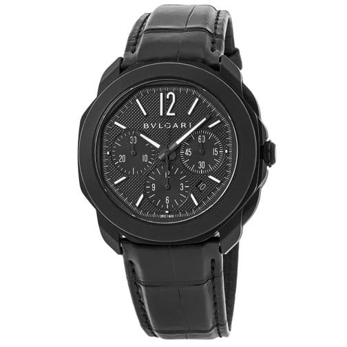 Bvlgari Octo Roma Automatic Black Dial Leather Strap Men's Watch: Case Case Material Stainless Steel Case Description Polished Black DLC Stainless Steel Case Finish Polished Case Shape Octagonal Case Diameter 42.00mm Case Thickness 12.40mm Case Back Transparent - Se
