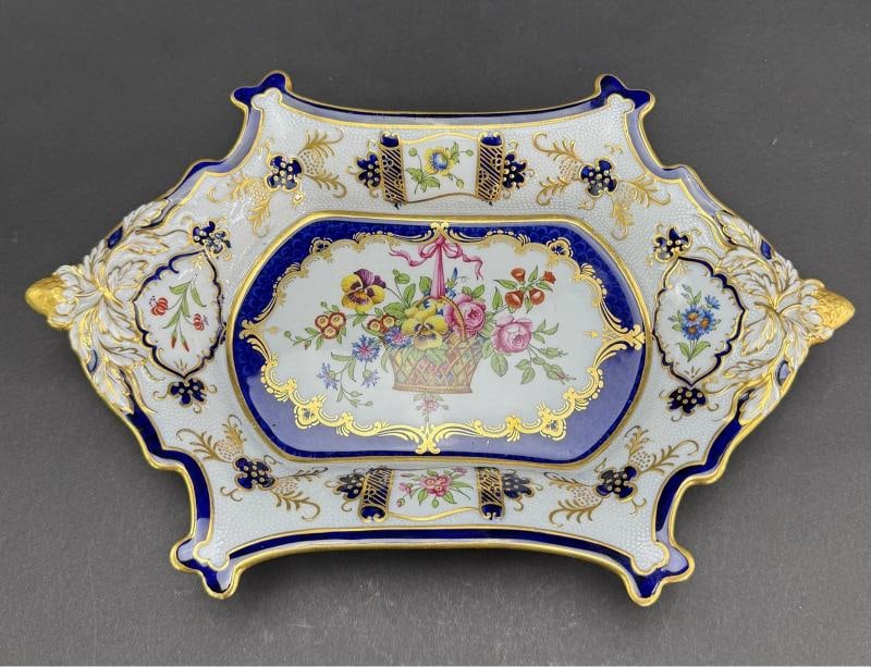 Impressive Antique Copeland Spode Hand Painted Gilt Cobalt Floral Tray or Dish - 9
