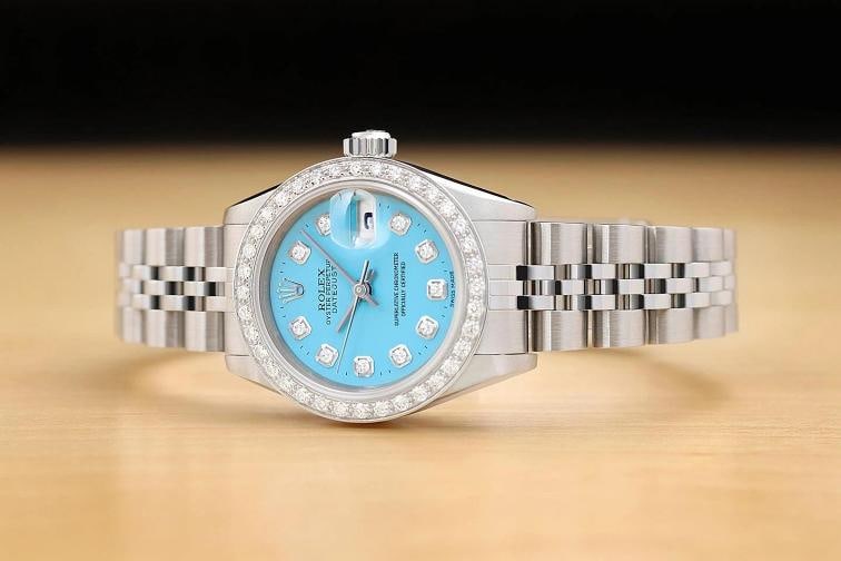 ROLEX LADIES DATEJUST 69174 AQUA BLUE DIAMOND 18K WHITE GOLD STEEL WATCH - 2