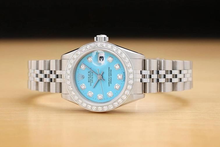 ROLEX LADIES DATEJUST 69174 AQUA BLUE DIAMOND 18K WHITE GOLD STEEL WATCH - 3