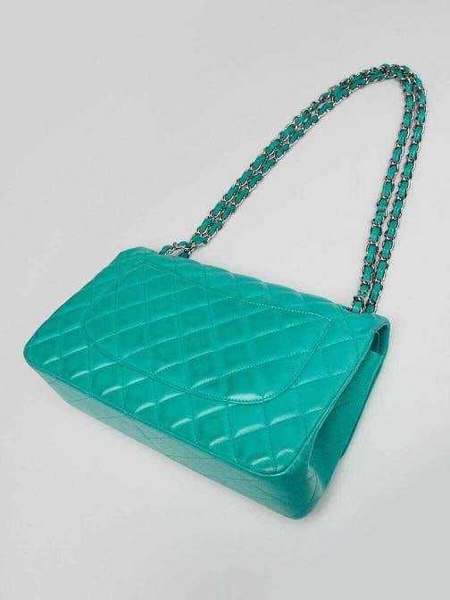 Chanel Green Quilted Lambskin Leather Classic Jumbo Double Flap Bag - 3