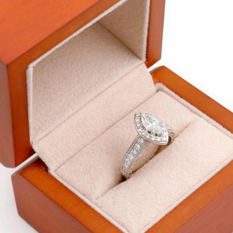 Marquise Diamond Halo Engagement Ring Milgrain Diamond Band 14kt WG - 10