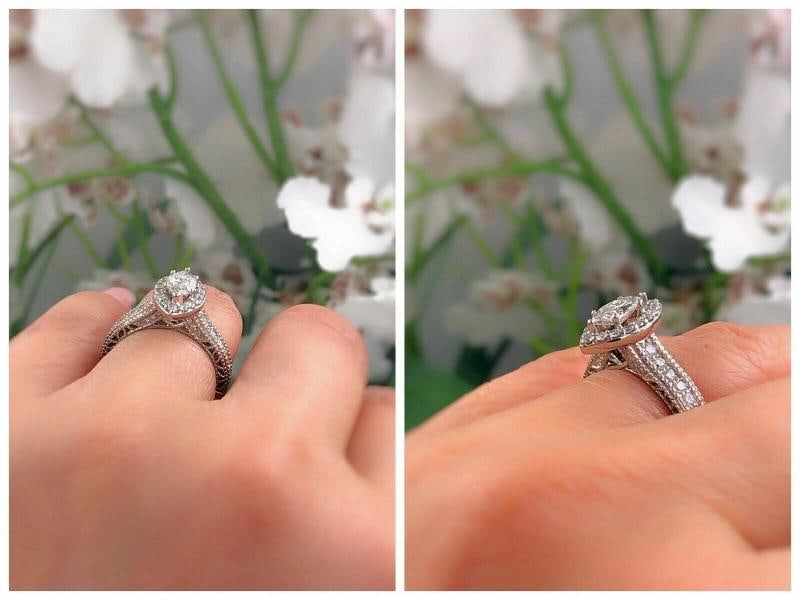 Marquise Diamond Halo Engagement Ring Milgrain Diamond Band 14kt WG - 11