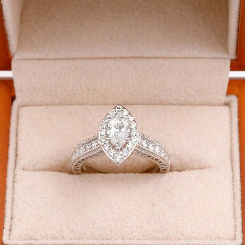Marquise Diamond Halo Engagement Ring Milgrain Diamond Band 14kt WG: Condition: Pre-owned - Good,Use Occasion: Engagement,Main Stone Creation: Natural,Sizable: Yes,Main Stone Color: White/Colorless,Metal: White Gold,Gender: Female,Total Carat Weight: 1.00 -