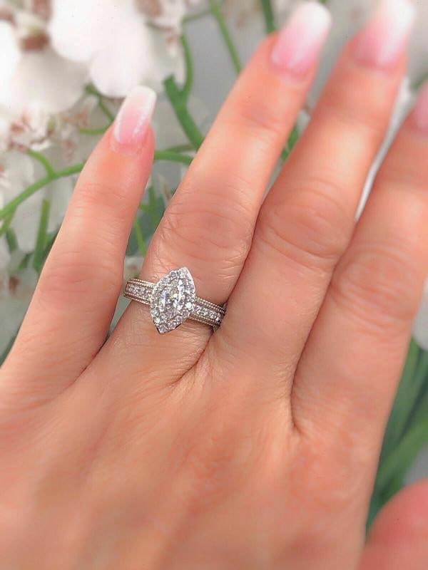 Marquise Diamond Halo Engagement Ring Milgrain Diamond Band 14kt WG - 2