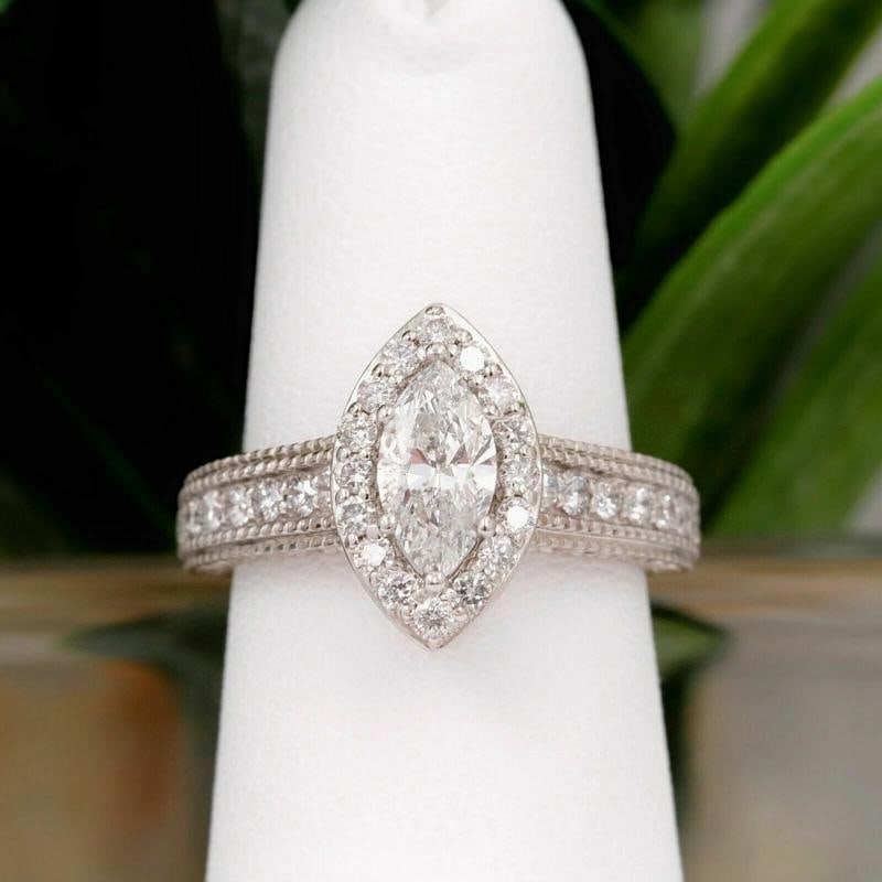 Marquise Diamond Halo Engagement Ring Milgrain Diamond Band 14kt WG - 3