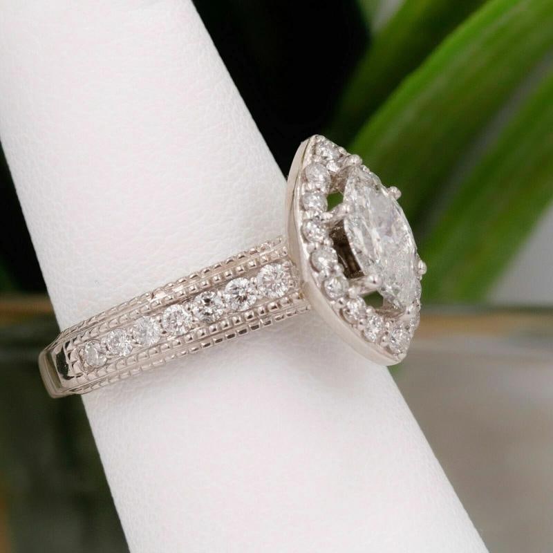 Marquise Diamond Halo Engagement Ring Milgrain Diamond Band 14kt WG - 4